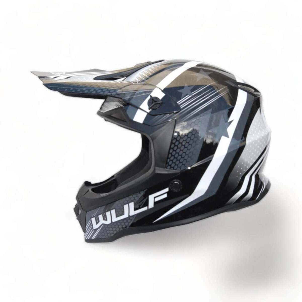 a black and grey Wulfsport motorcycle helmet
