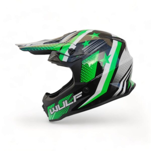 a black and green Wulfsport helmet