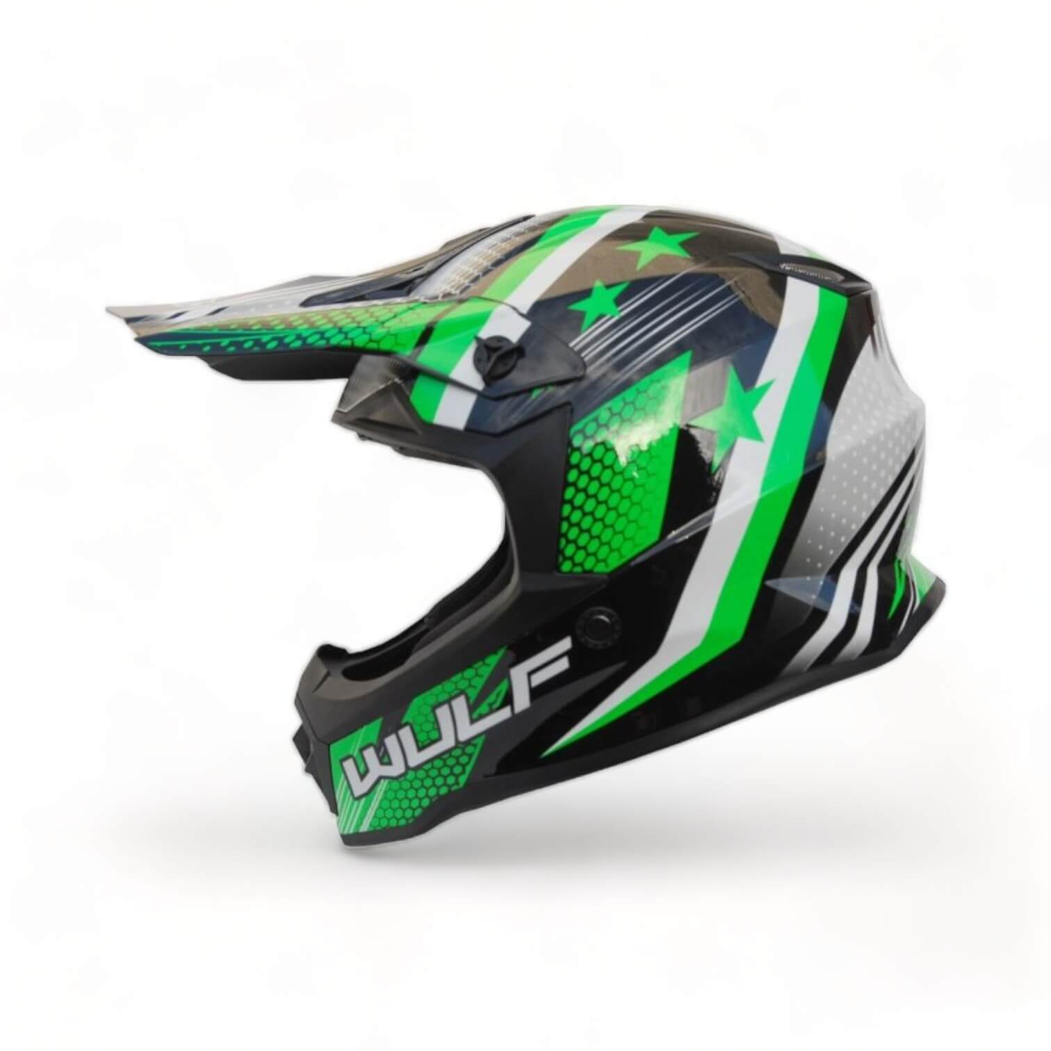 a black and green Wulfsport helmet