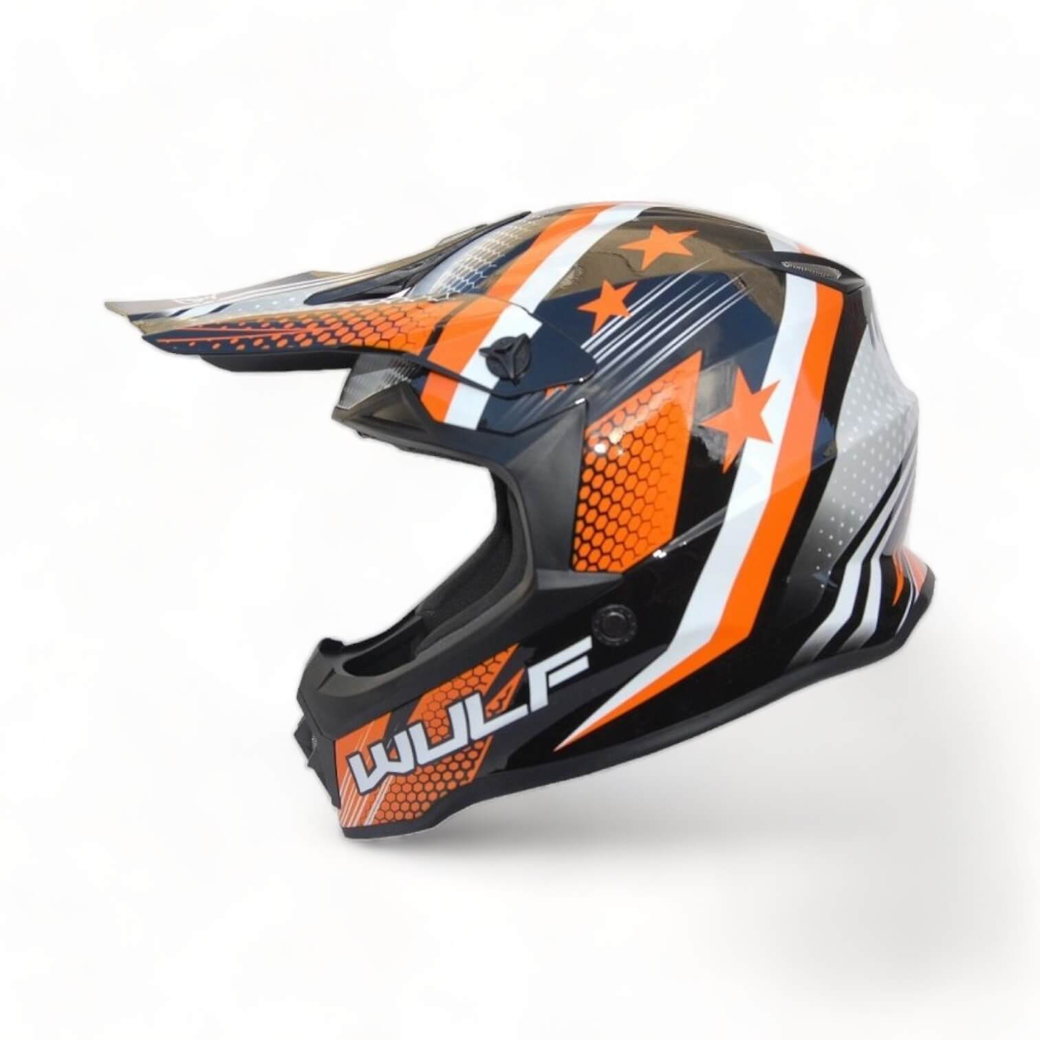 a black and orange Wulfsport helmet