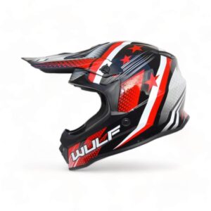 a black and red Wulfsport motorcycle helmet