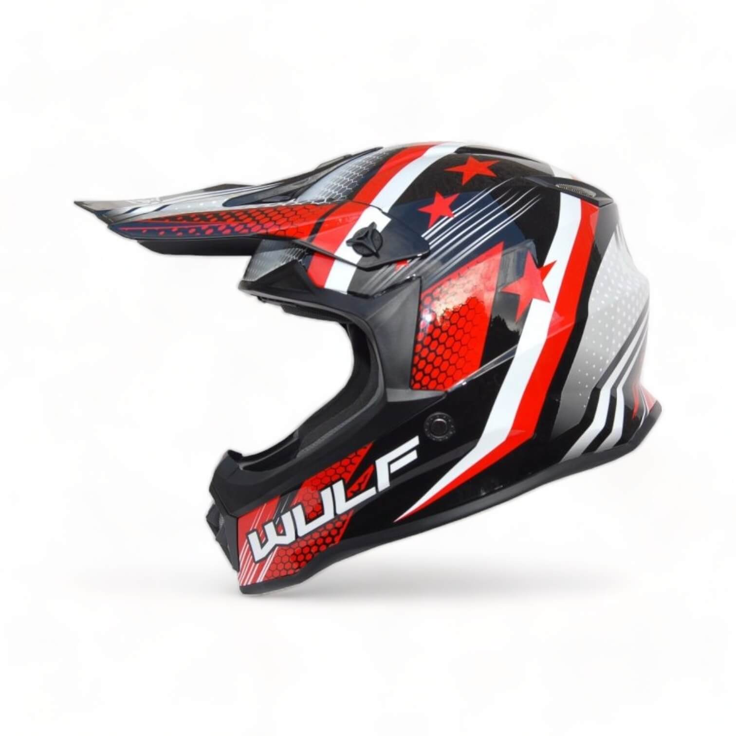 a black and red Wulfsport motorcycle helmet
