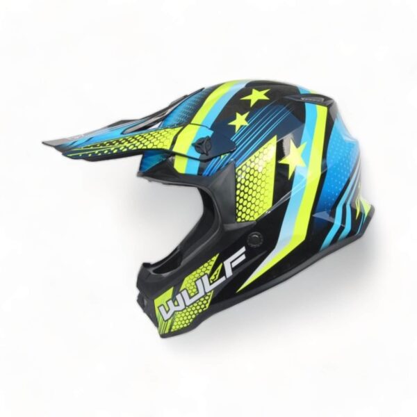 a black, blue and yellow Wulfsport motorcycle helmet