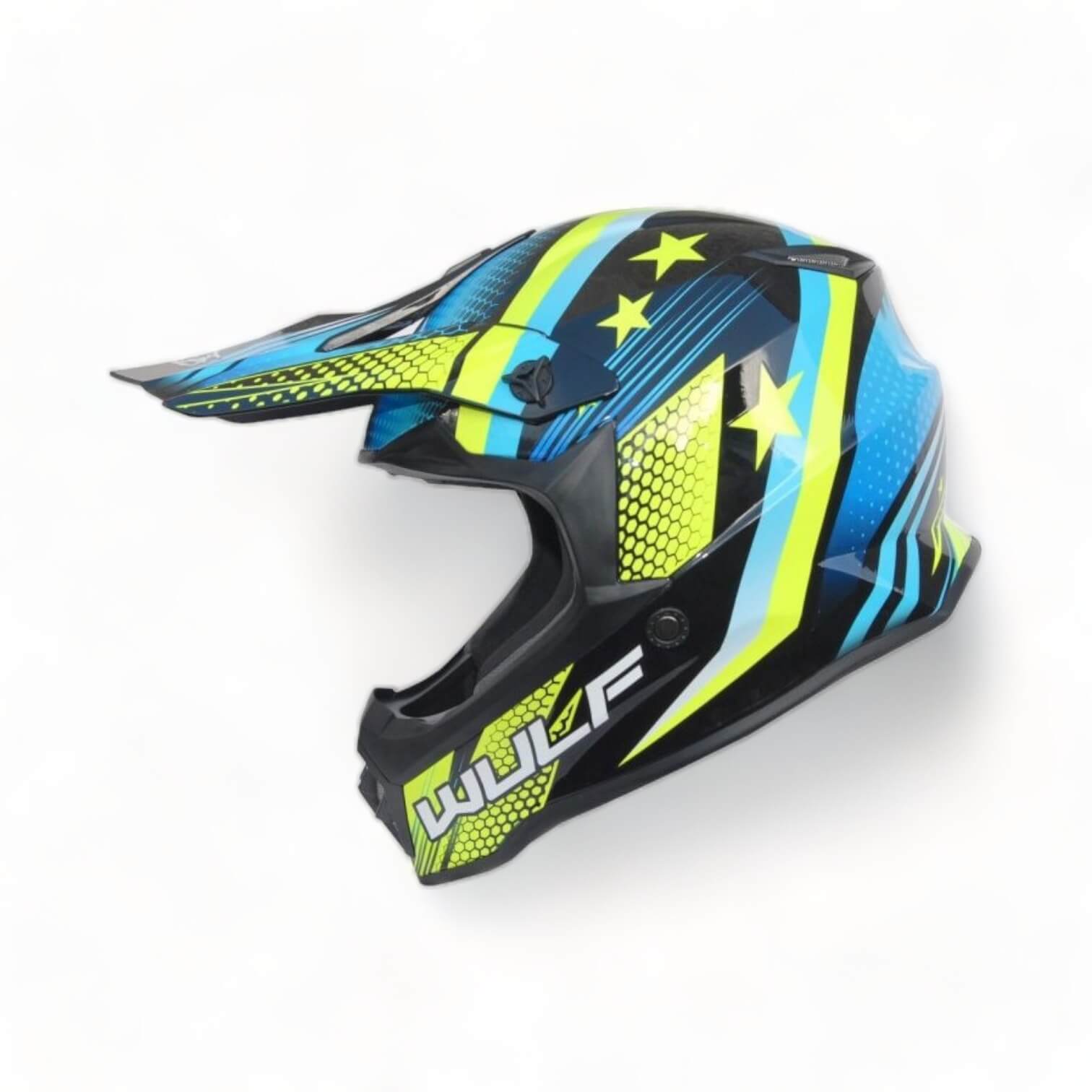 a black, blue and yellow Wulfsport motorcycle helmet