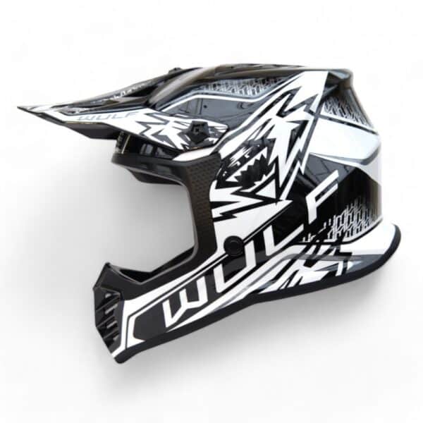 a white and black Wulfsport motorcycle helmet