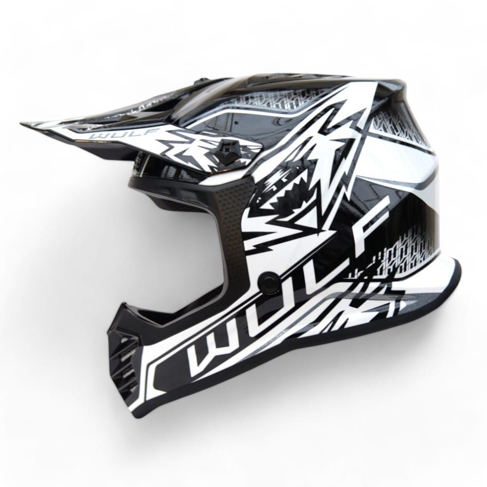 a white and black Wulfsport motorcycle helmet