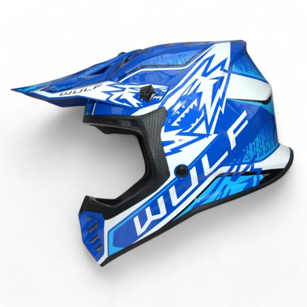 a blue and white Wulfsport motorcycle helmet