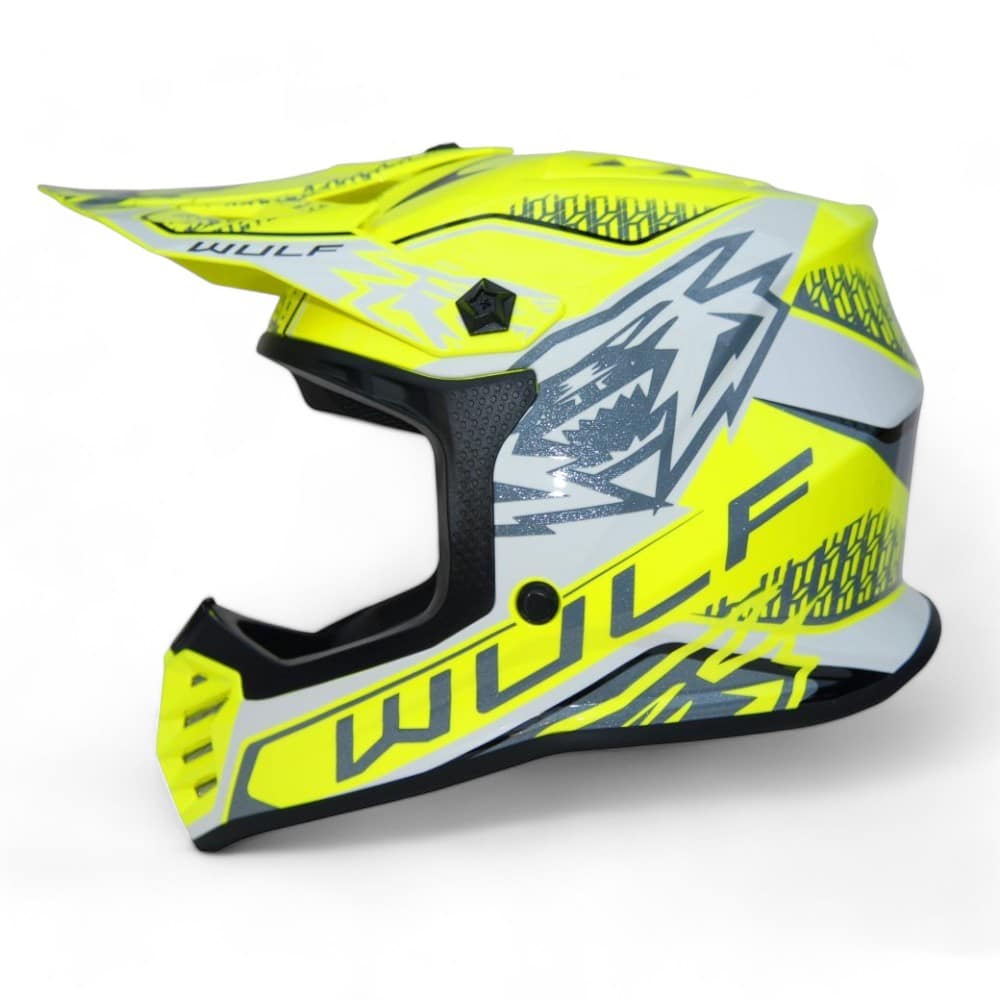 a yellow Wulfsport motorcycle helmet