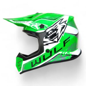 a green and white Wulfsport motorcycle helmet