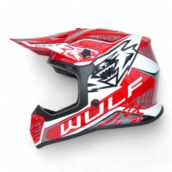 a red and white Wulfsport motorcycle helmet