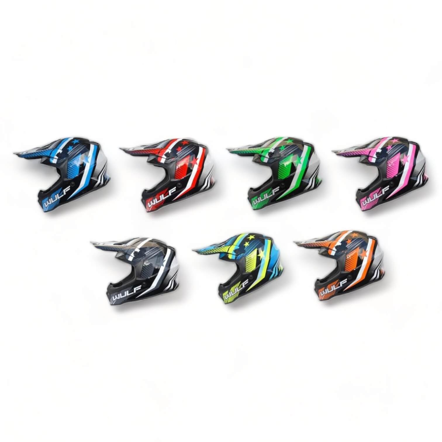 a group of Wulfsport helmets on a white background